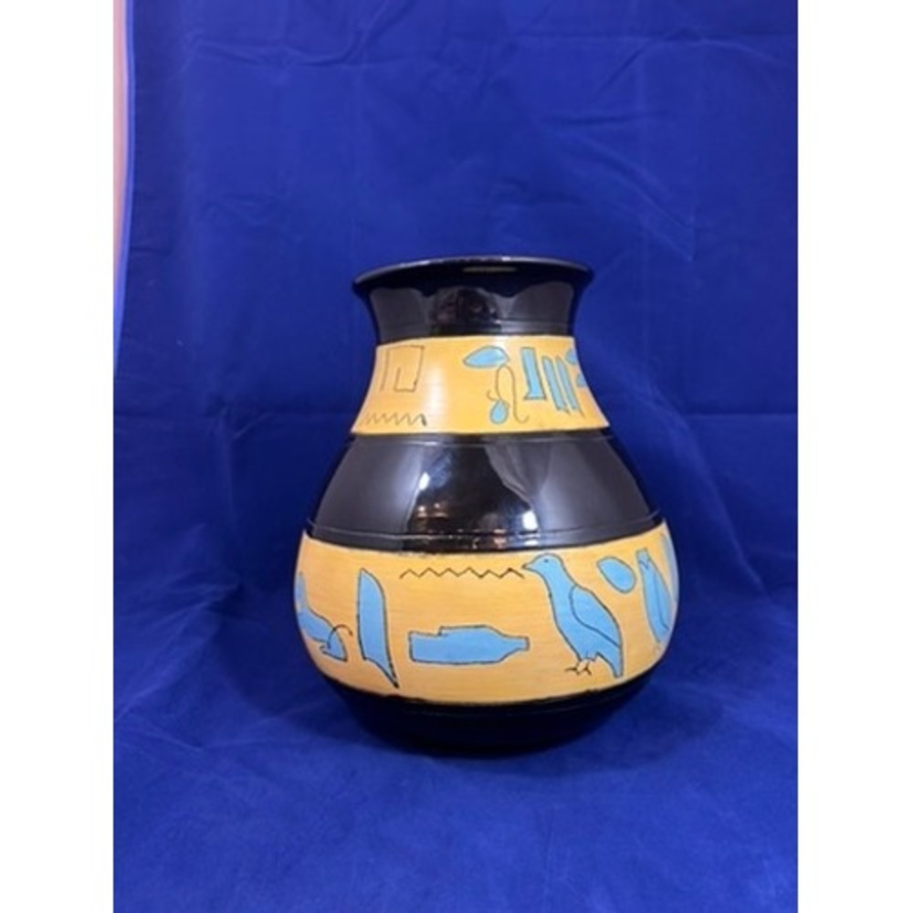 Vintage 1980s Postmodern Ceramic Vase Black Ochre Blue Bird Memphis Style Decor